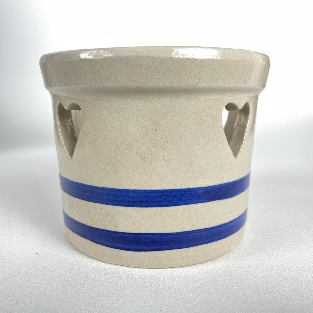 RRP Roseville 1 pint crock, heart cut outs blue stripe Salt wash Vintage Cottage